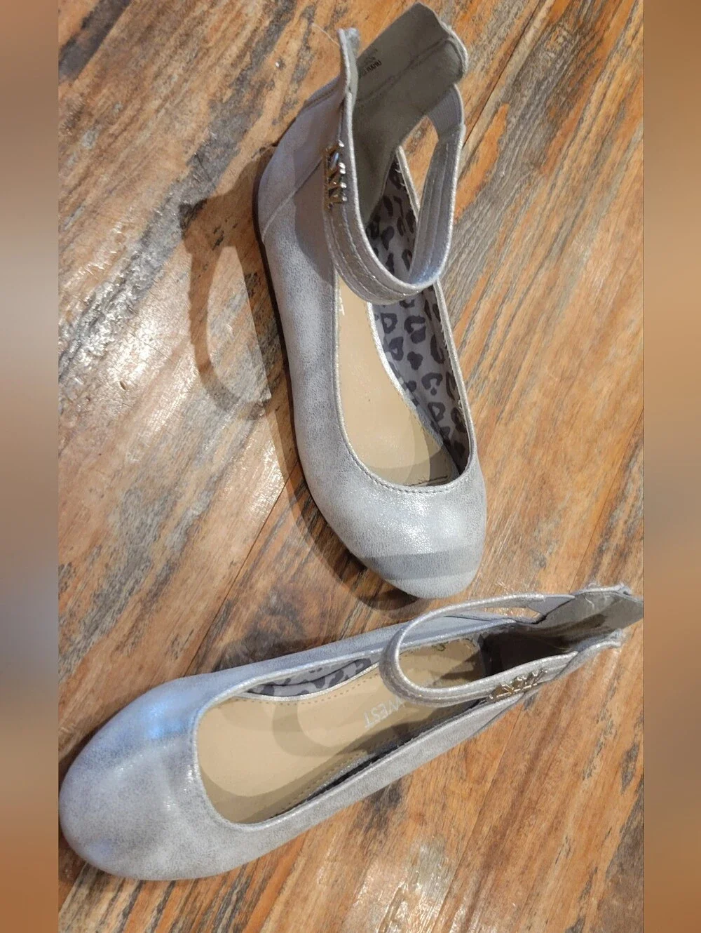 Nine West, Girls Ankle Strap Fina Faux Leather, Silver, Sz 12